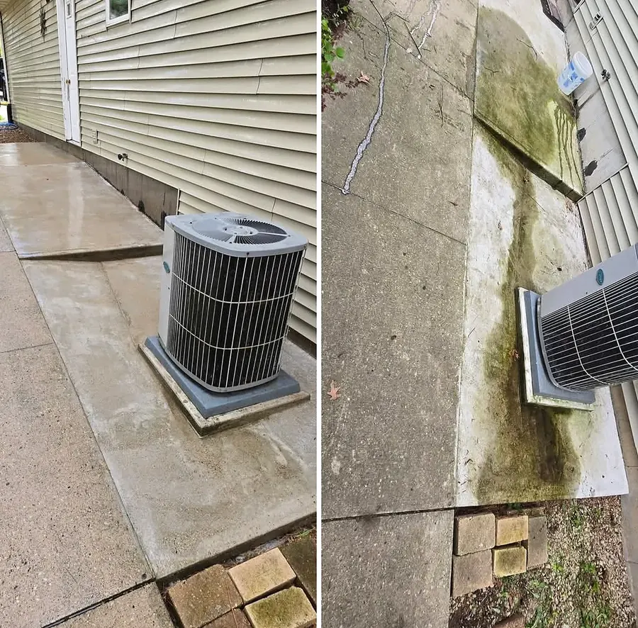 Before and after concrete and walkway cleaning around an air conditioner