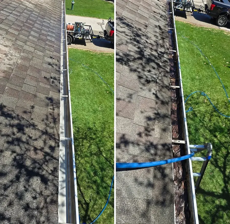 Before and after gutter cleaning, clean gutter and cleared debris